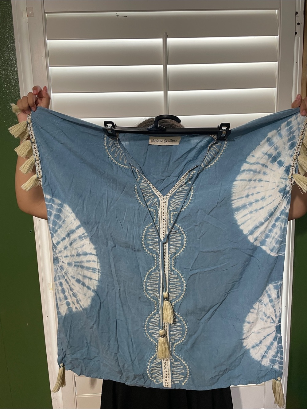 Boheme Blue and White Tie-Dye Tunic with Tassel Trim